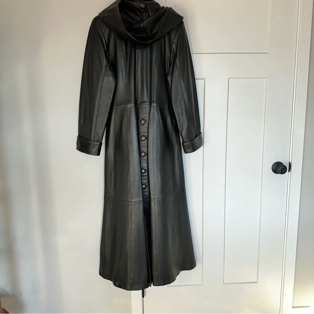 Besikler European Belted Full Length Leather Trench Coat Black size S - Picture 8 of 12